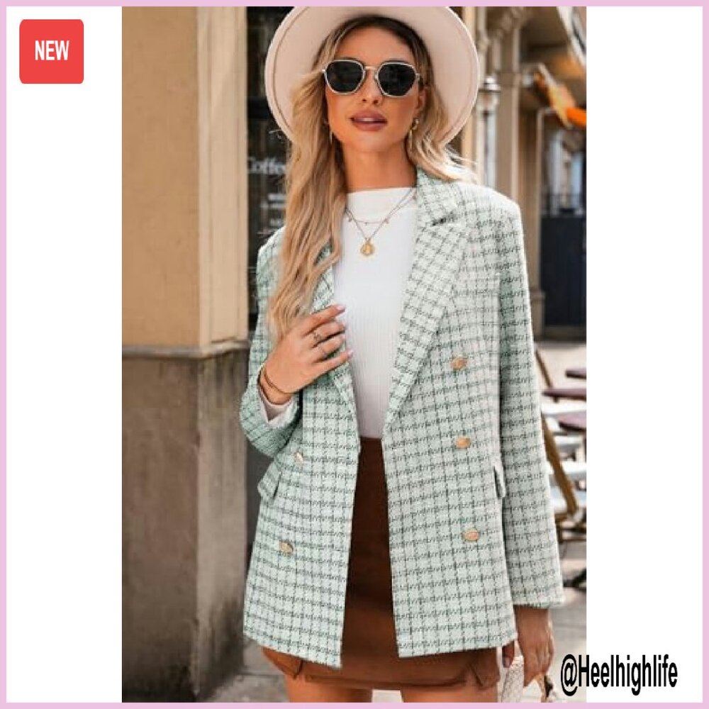 Women's Plaid Tweed Blazer Double Breasted Open Front Work Jacket - Picture 4 of 8